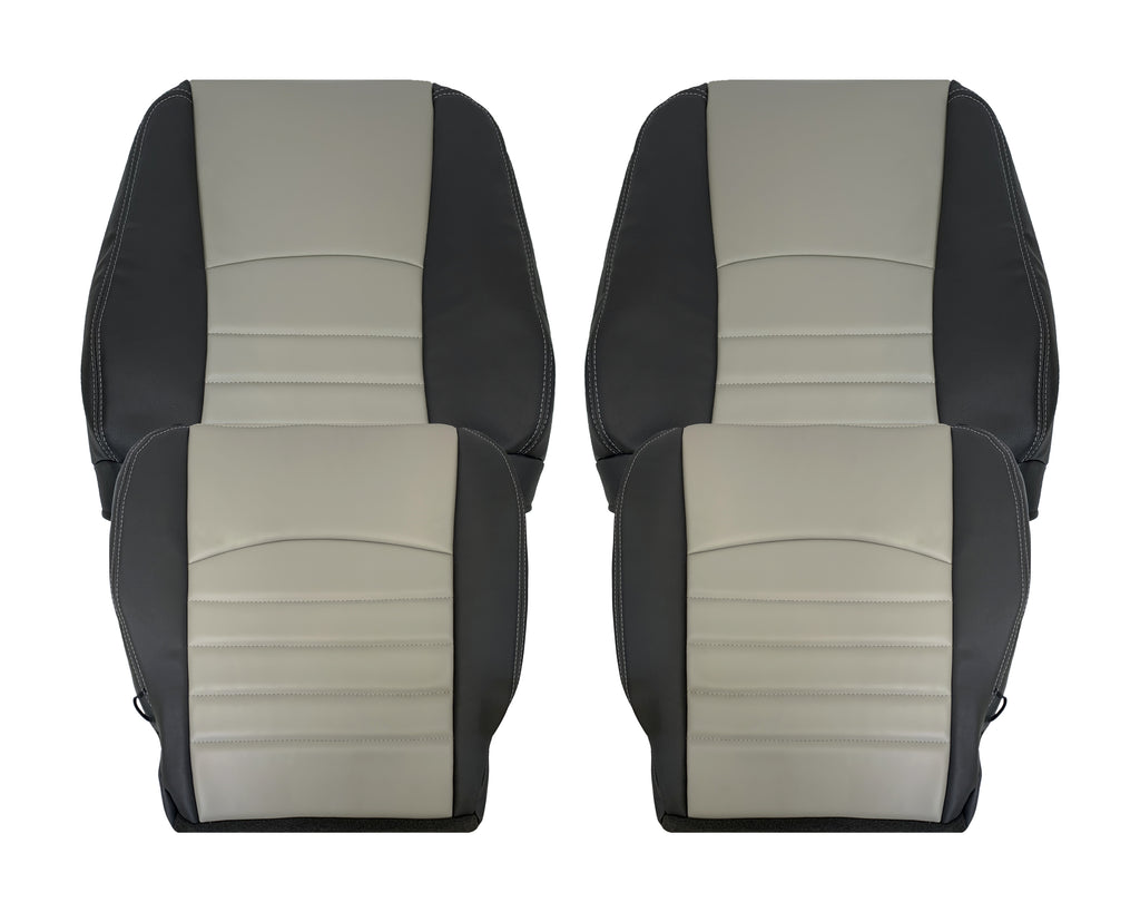 Pair of car seat covers with beige and black design on a white background