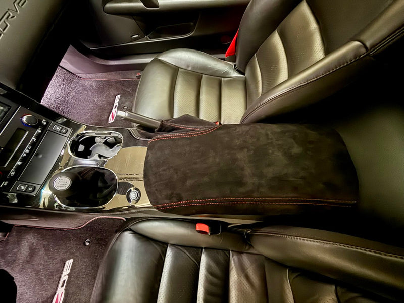 Slip over on console cover for chevy corvette c6 genuine real Suede alcantara red stitching 2005 2006 2007 2008 2009 2010 2011 2012 2013