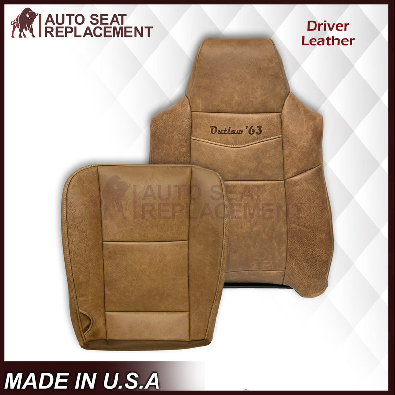 2007 Ford F250 F350 King Ranch Replacement Raw Cowhide Genuine Leather Front Seat Cover With "Outlaw '63" Logo - Auto Seat Replacement