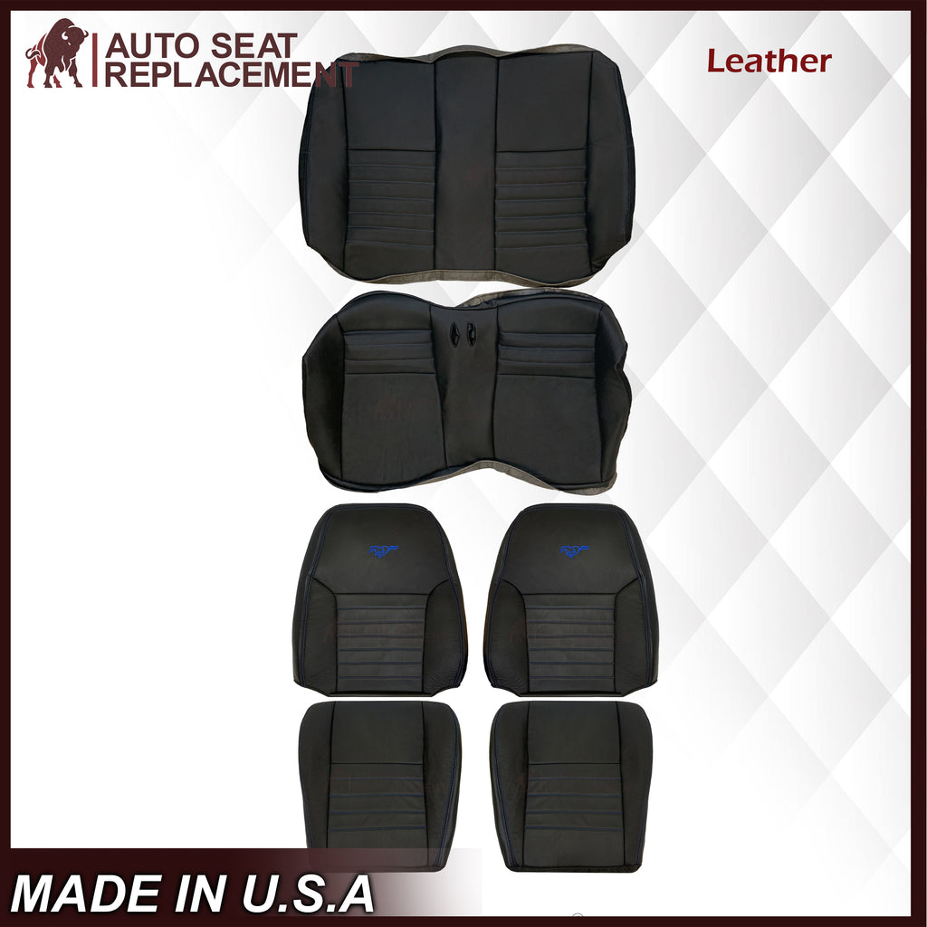 1999-2004 Ford Mustang GT Convertible Custom Blue Stitching Front & Second Row Seat Covers in Dark Charcoal Black: Choose From Variation - Auto Seat Replacement