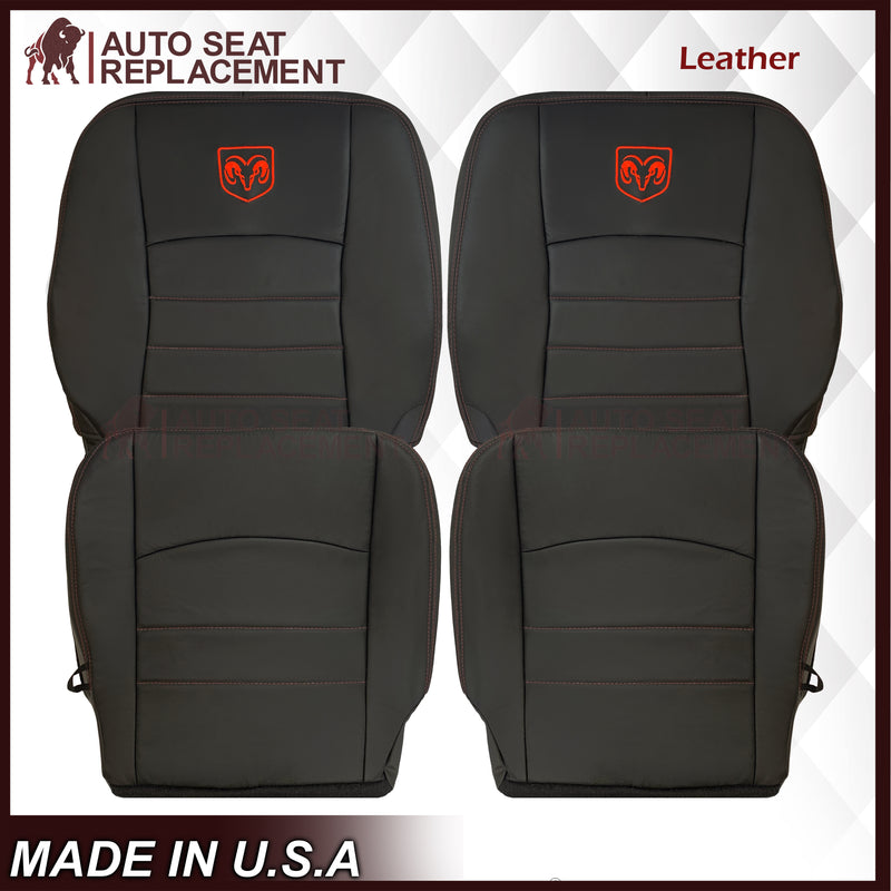 2009 - 2012 Dodge Ram 1500 2500 3500 Laramie Bottom Or Top Replacement Custom Made Seat Cover in Dark Slate (Dark Gray) With Perforated Inserts : Red Logo & Stitching - Auto Seat Replacement