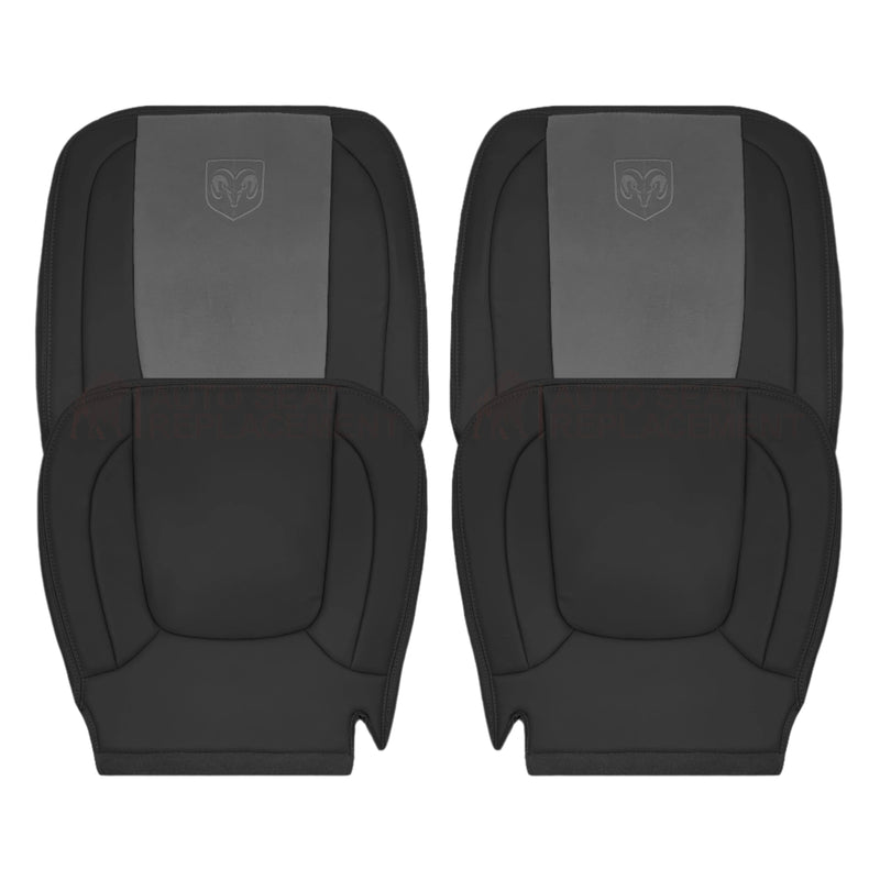 Pair of black leather car seat covers with a brand logo on a white background.