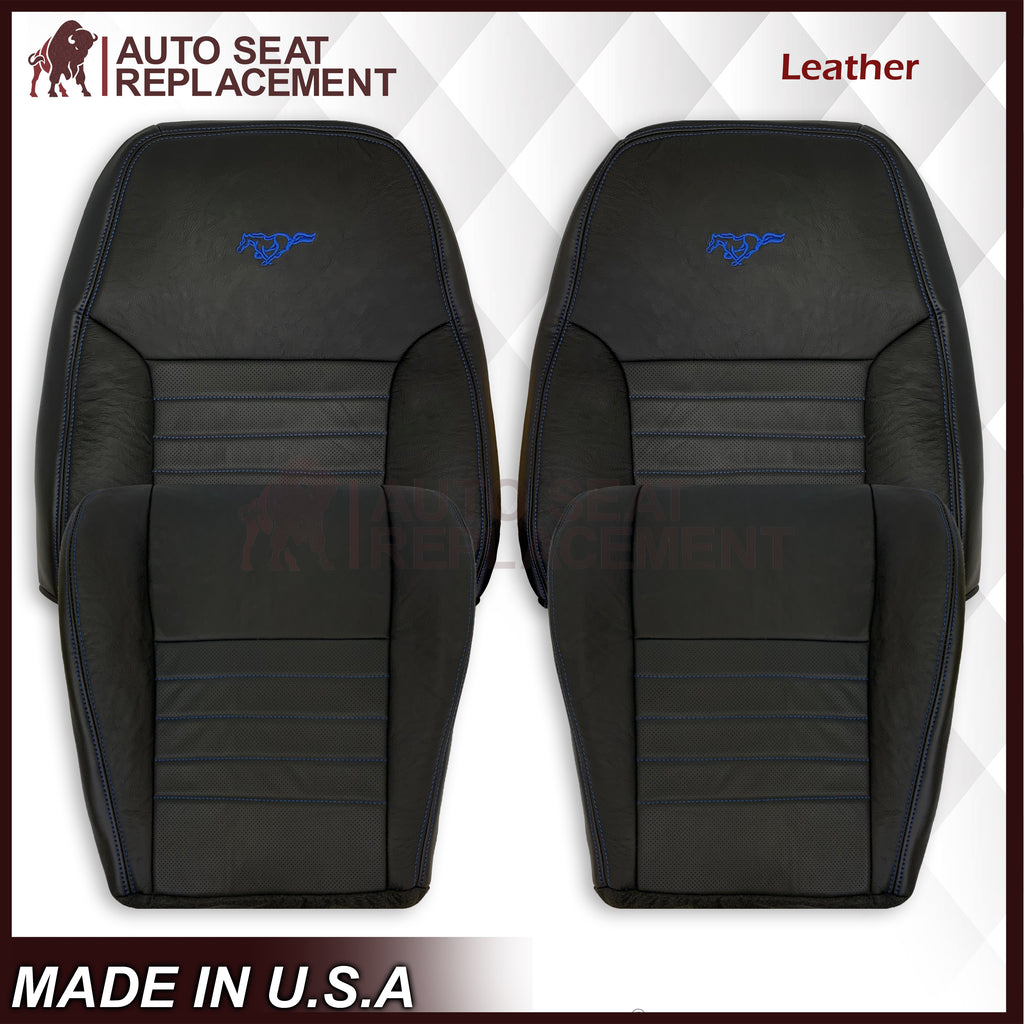 1999-2004 Ford Mustang GT Convertible Custom Blue Stitching Front & Second Row Seat Covers in Dark Charcoal Black: Choose From Variation - Auto Seat Replacement