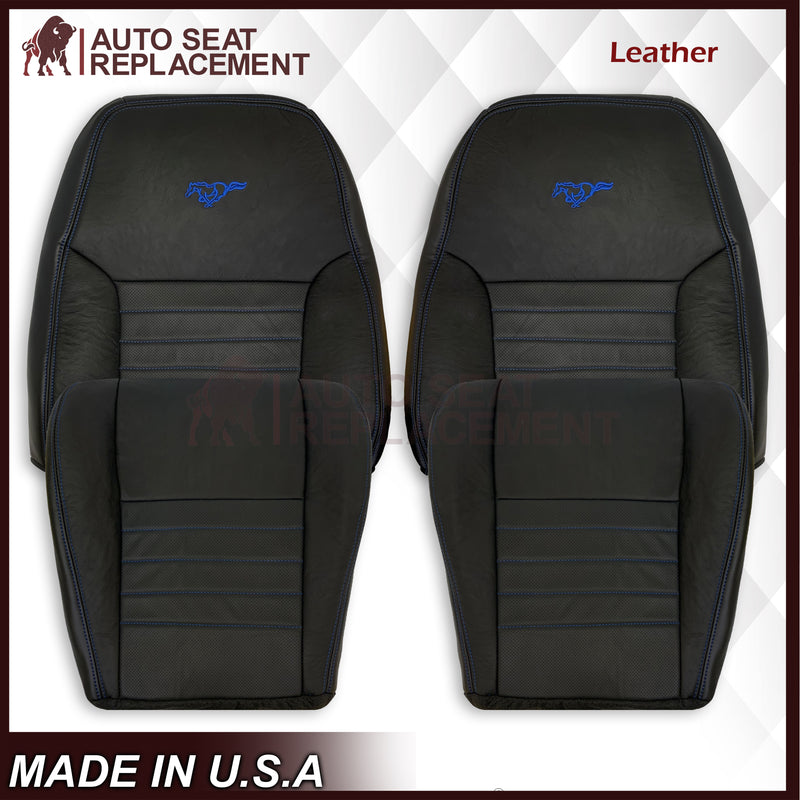 1999-2004 Ford Mustang GT Convertible Custom Blue Stitching Front & Second Row Seat Covers in Dark Charcoal Black: Choose From Variation - Auto Seat Replacement