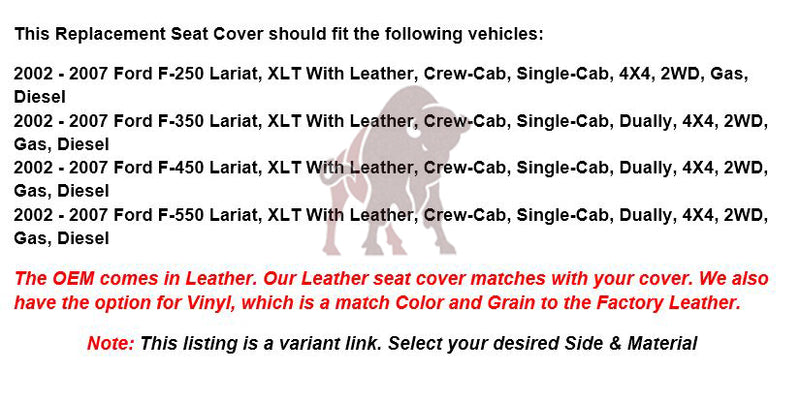 2003-2007 Ford F250/F350/F450/F550 Lariat Seat Cover in Flint Gray: Choose Leather or Vinyl- 2000 2001 2002 2003 2004 2005 2006- Leather- Vinyl- Seat Cover Replacement- Auto Seat Replacement