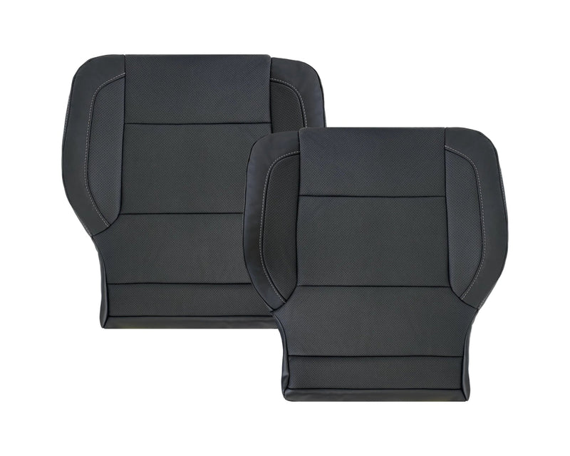 Pair of black leather car seat covers with 'Made in Texas' label on a white background