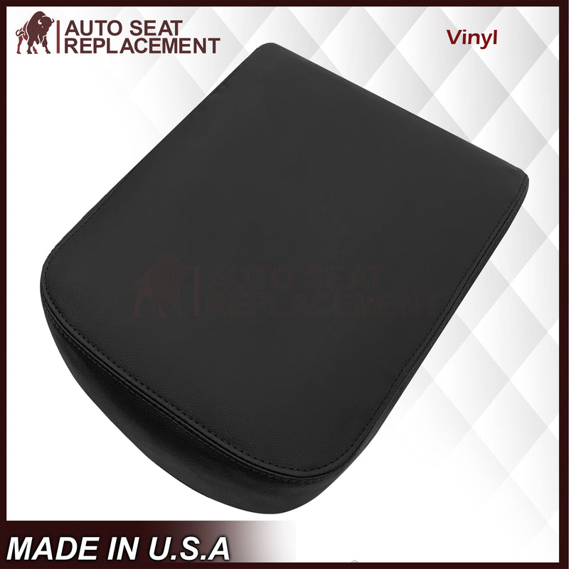Black vinyl car seat cover on a white background with branding and text.
