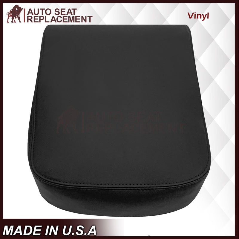 Black vinyl car seat cover on a white background with branding and text.