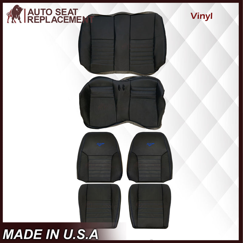 1999-2004 Ford Mustang GT Convertible Custom Blue Stitching Front & Second Row Seat Covers in Dark Charcoal Black: Choose From Variation