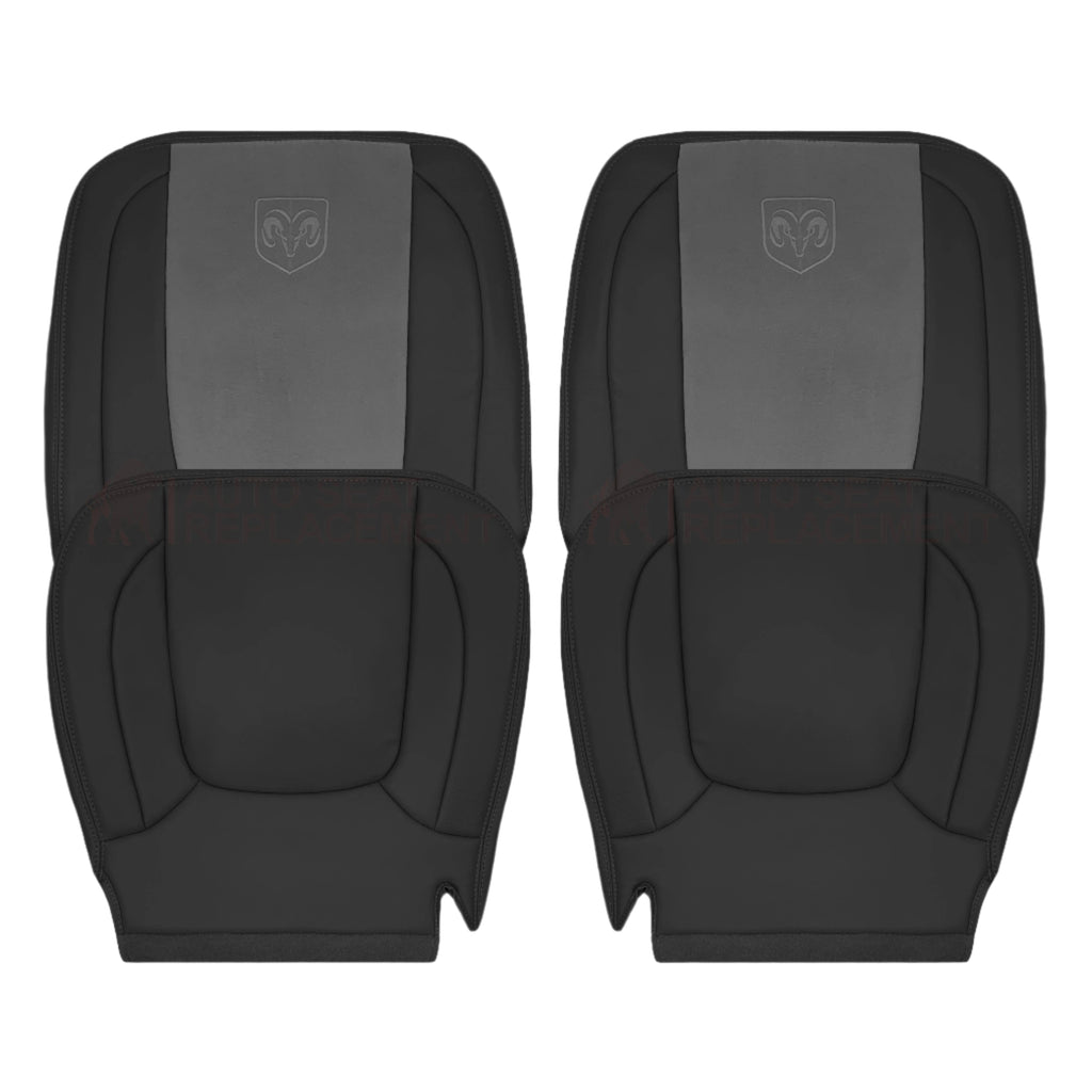 Pair of black leather car seat covers with a brand logo on a white background.