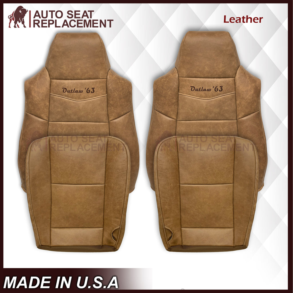 2007 Ford F250 F350 King Ranch Replacement Raw Cowhide Genuine Leather Front Seat Cover With "Outlaw '63" Logo